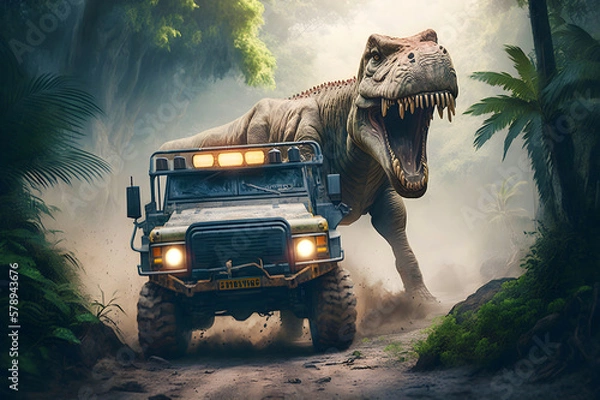 Obraz A Tyrannosaurus Rex dinosaur chases an off-road truck through the jungle - Generative AI