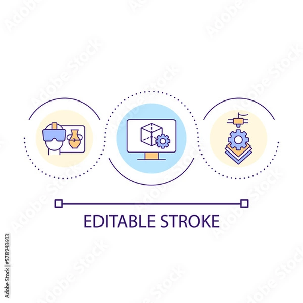 Fototapeta Create 3d models in metaverse loop concept icon. Build of items on cyberspace. Futuristic technology abstract idea thin line illustration. Isolated outline drawing. Editable stroke. Arial font used