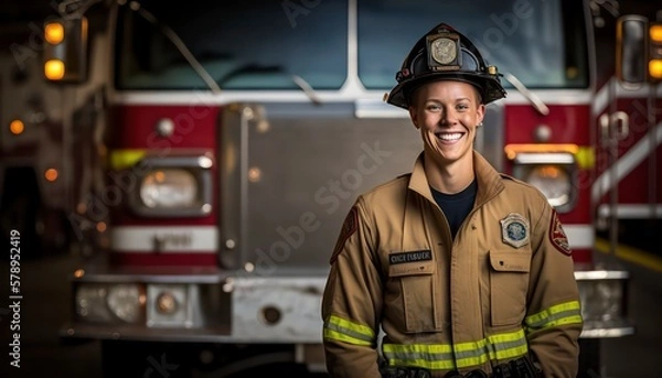 Fototapeta  a beautiful smiling young firefighter beside of a blurry fire station background generative ai