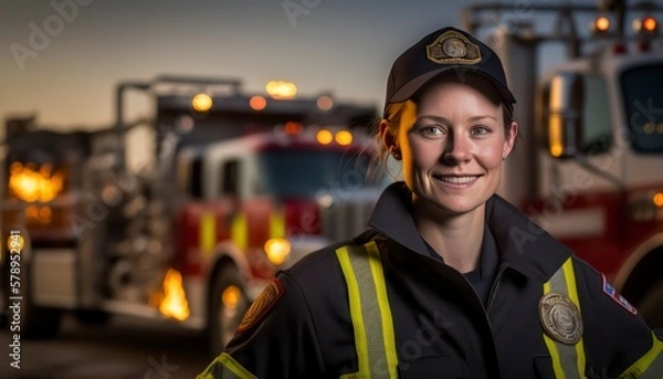 Fototapeta A beautiful smiling young female firefighter beside of a blurry fire station background generative ai 