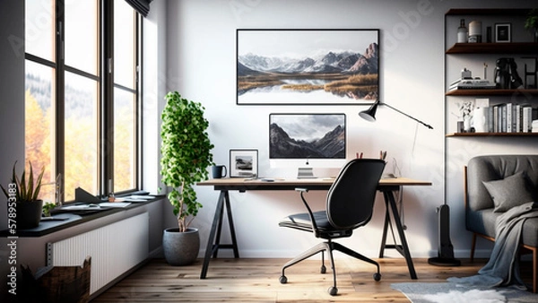 Fototapeta Modern home office setup with modern computer and houseplants, surrounded by minimalist decor, generative ai