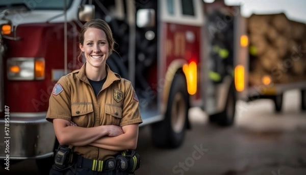 Fototapeta A beautiful smiling young female firefighter beside of a blurry fire station background generative ai 