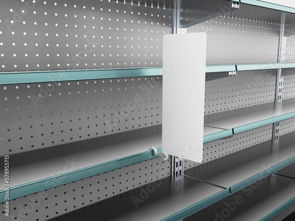Fototapeta Supermarket Empty Shelf With Single Vertical Stopper Or Wobbler. Blank Shelf Banner Display Mock-up. 3D rendering	