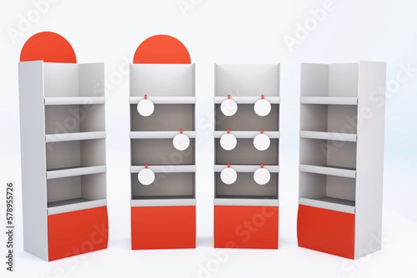 Fototapeta Supermarket POS Floor Display Rack, Various Advertisement Stands For Mock Up, 3D rendering
