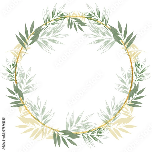 Fototapeta Watercolor greenery wreath. Delicate frame with eucaliptus floral illustration. Bouquet of leaves branch frame. composition for wedding, easter, baptism, invitation