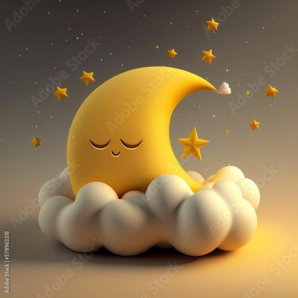 Obraz yellow Crescent moon with stars and cute clouds with smiles in smooth 3d style. Baby decoration for sleep products design.