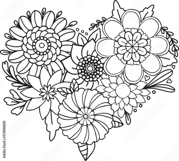 Fototapeta Hand drawn floral heart pattern. Doodle design for a coloring book or background decorative. Relaxation for adults and kids. Vector Illustration.
