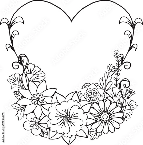 Fototapeta Hand drawn heart flower black and white pattern. Doodle frame with place for text, greeting card, coloring book or background decorative. Relaxation for adults and kids. Vector Illustration.
