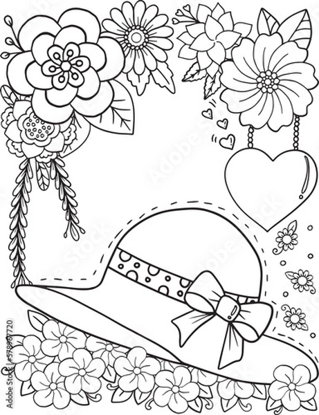 Fototapeta Hand drawn Flower pattern. Doodle hat and floral frame with place for text, coloring book or background decorative. Relaxation for adults and kids. Vector Illustration.
