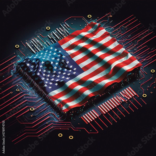 Fototapeta American flag on circuit board with microchips. Generative AI	
