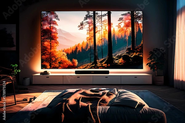 Fototapeta Cozy bed room with tv on the wall. Generative ai design.