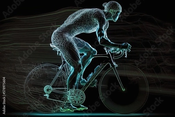 Obraz A futuristic young male road cyclist hologram playing with a soccer ball. Generative ai	
