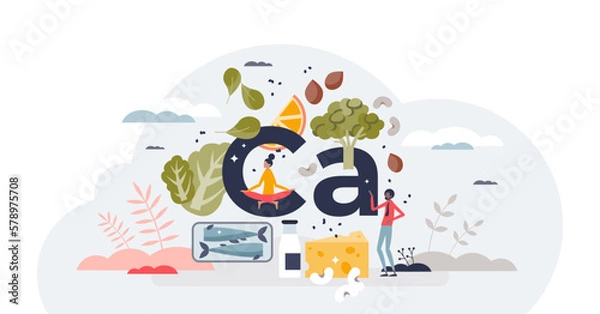 Fototapeta Calcium minerals and healthy eating diet for strong bones and teeth tiny person concept, transparent background. Products list with rich in Ca micro elements illustration.