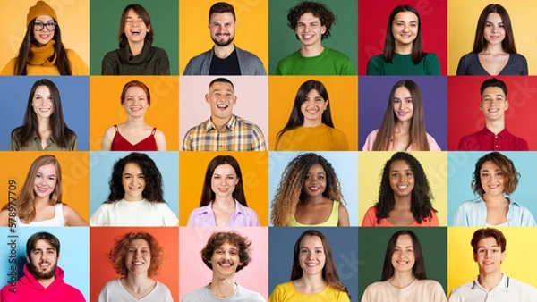 Fototapeta Positive emotions. Collage of ethnically diverse people, men and women expressing different emotions over multicolored background. Team, job fair, ad concept