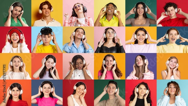 Fototapeta Music vibes. Collage of ethnically diverse people, men and women expressing different emotions and listening to music over multicolored background.