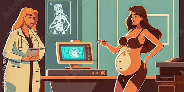 Fototapeta Illustration of a pregnant woman undergoing an ultrasound scan, with the technician and equipment visible in the background - Generative AI