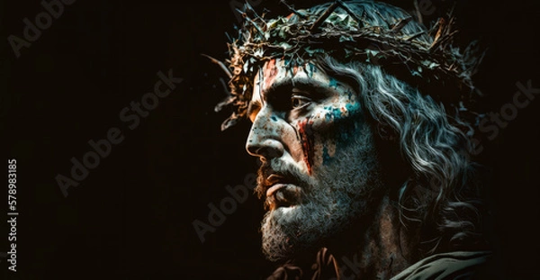 Fototapeta Jesus Christ wearing crown of thorns Passion and Resurection. Easter card, Good Friday. Generative AI