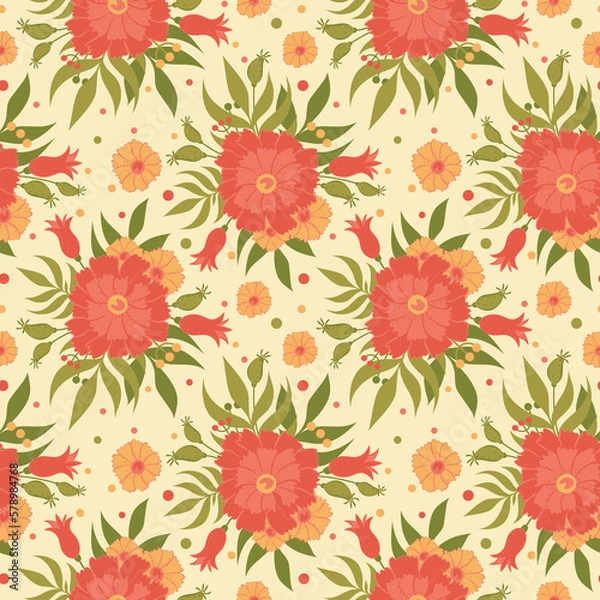 Fototapeta Seamless background with floral ornament. Red and yellow flowers on a light background. Raster illustration for interior design, packaging printing, wrapping, postcard. Printing on fabric and paper.