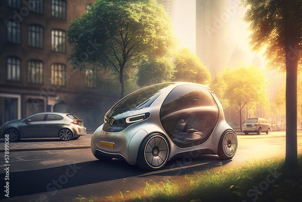 Obraz Eco friendly futuristic electric car .  Electric green energy transportation. City of the future, Eco buildings a lot of tree, greens, Clear energy. Generative ai.