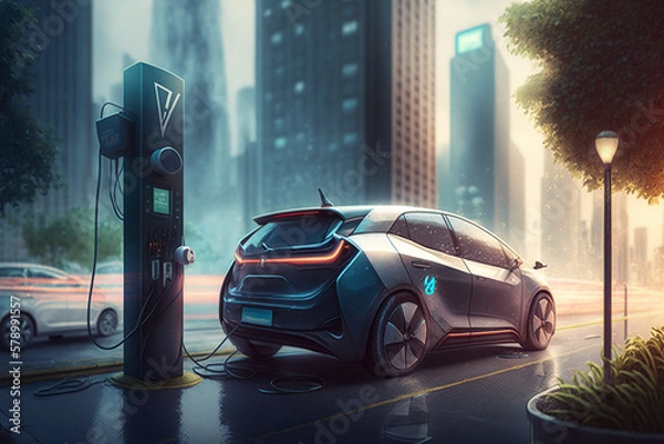 Obraz Eco friendly car charge on charging station.  Electric green energy transportation. City of the future, Eco buildings a lot of tree, greens, Clear energy. Generative ai.