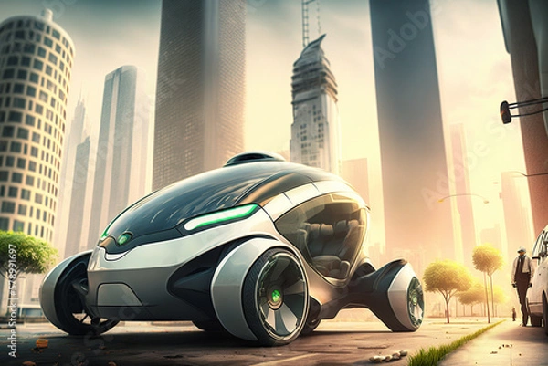 Obraz Eco friendly futuristic electric car .  Electric green energy transportation. City of the future, Eco buildings a lot of tree, greens, Clear energy. Generative ai.
