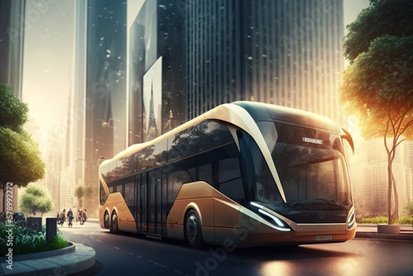 Obraz Eco friendly bus.  Electric green energy transportation. City of the future, Eco buildings a lot of tree, greens, Clear energy. Generative ai.