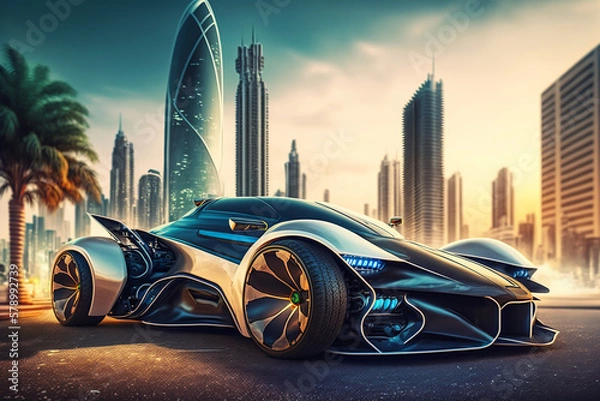 Obraz Eco friendly super car.  Electric green energy transportation. City of the future, Eco buildings a lot of tree, greens, Clear energy. Generative ai.