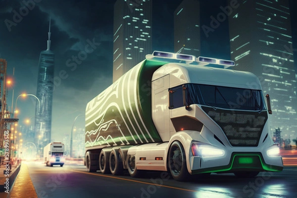 Obraz Eco friendly truck.  Electric green energy transportation. City of the future, Eco buildings, greens, Clear energy. Generative ai.