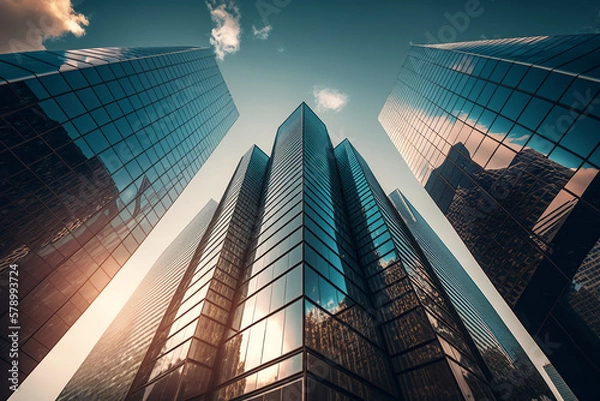 Obraz Tall glass buildings, modern office, low angle, golden hour. Generative ai.