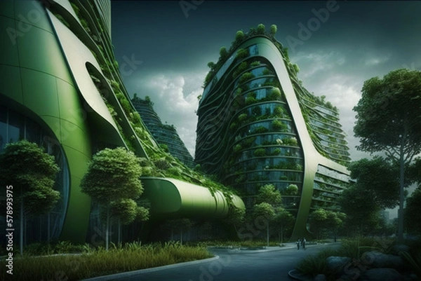 Obraz City of the future, Eco buildings a lot of tree, greens, Clear energy, wind and solar energy. Generative ai.