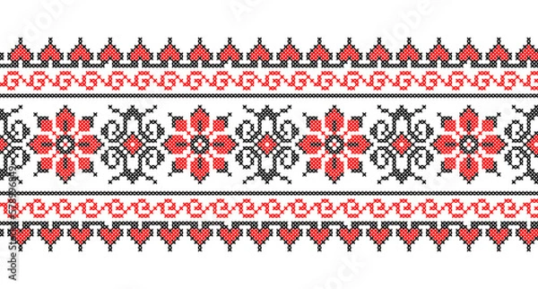 Obraz Ukrainian vyshyvanka pattern. Vector floral ornament, border. Ukrainian folk, ethnic, traditional embroidery. Pattern in red and black colors. Pixel art, cross stitch