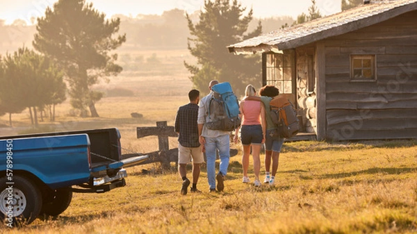 Fototapeta Group Of Friends Unloading Backpack From Pick Up Truck On Road Trip To Cabin In Countryside