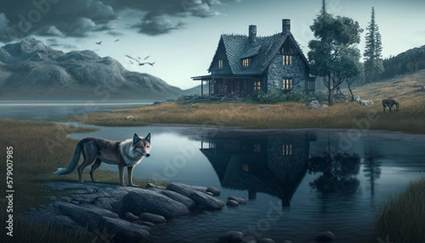 Fototapeta Remote Cabin in the Wilderness with a Scenic View of Wolves by the Lake Shore. Generative Ai