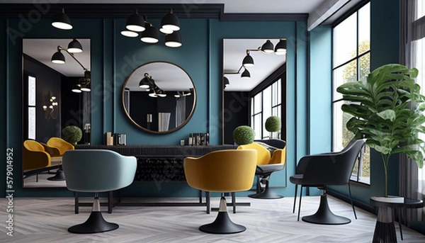 Fototapeta Sleek and Stylish Hair Salon Workspace with Illuminated Mirrors and Plush Seating at a Premium Co-Working Space. Generative Ai