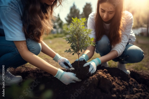 Obraz Zwei junge Frauen pflanzen jungen Baum in Erde - Thema Naturschutz, Nachhaltigkeit und Rohstoffe, Klimawandel - Generative AI Illustration
