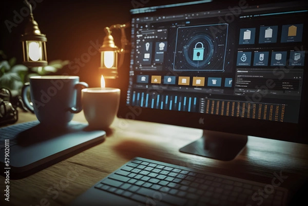 Fototapeta Laptop and coffee. Cyber Security