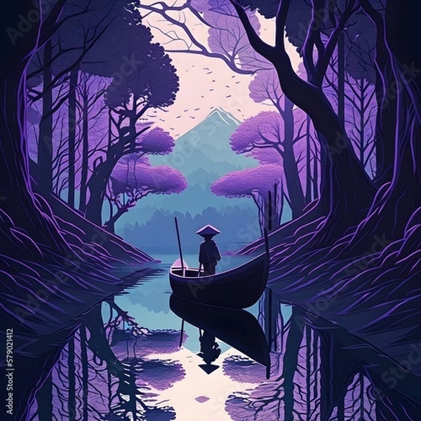 Fototapeta Japanese samurai in boat created using Generative AI Technology