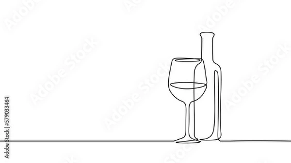 Fototapeta One line continuous vine bottle flass symbol concept. Silhouette of alcoholic drink vermouth. Digital white single line sketch drawing vector illustration