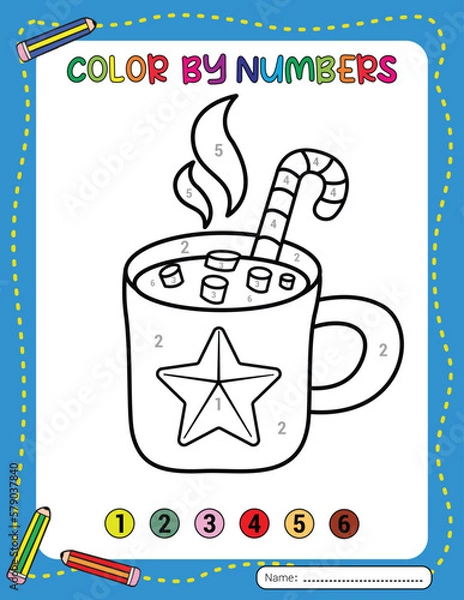 Fototapeta A green mug of hot chocolate with marshmallows and candy. Christmas color by number for kids. Activity Book.
