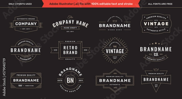 Fototapeta Retro logotype templates set on black background with editable text and stroke. Vintage logos, labels, emblems and badges collection. Vol. 1