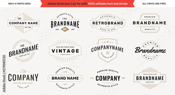 Fototapeta Retro logotype templates set on white background with editable text and stroke. Vintage logos, labels, emblems and badges collection. Vol. 2