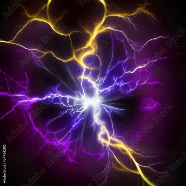 Fototapeta Electric lighting effect, abstract techno backgrounds yellow black laser burst of light butterfly lungs electric fan beam holographic black hole purple fractal power space Generative AI 