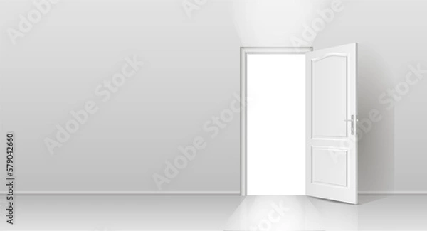 Obraz The interior of an empty room with a white wall and an open door. Free space for copying, 3d image.