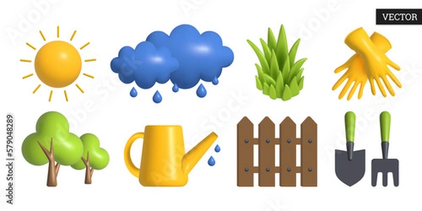 Fototapeta Set of spring 3d vector icons in cartoon style. Gardening tools, wooden fence, watering can, trees, rubber gloves, grass, clouds with drops and sun. Design elements. Vector illustration.