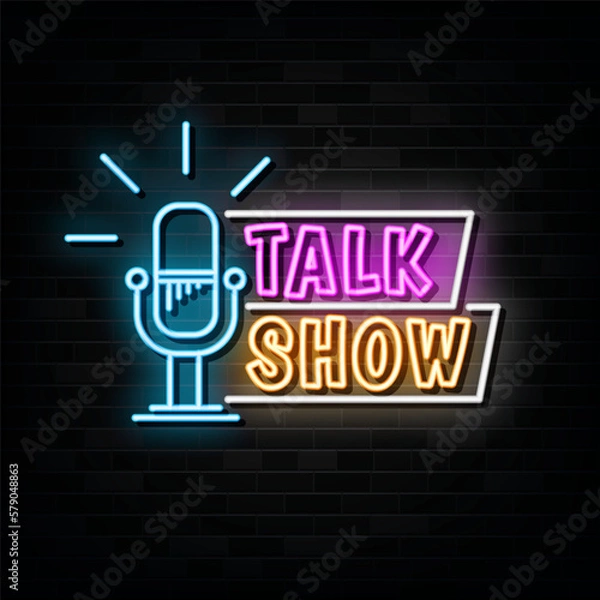 Obraz Neon sign talk show with brick wall background vector