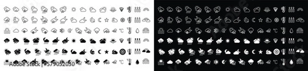 Fototapeta Weather icons. Weather forecast icon set. All seasons weather icon. Weather, rain, snowflakes, thunderstorm, sunny, cloudy, wind, daylight, night, temperature, rainbow, sun, moon. Vector illustration
