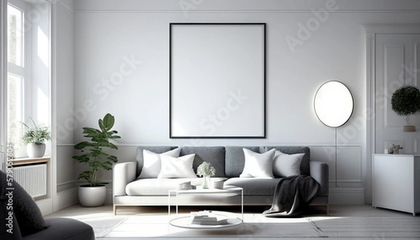 Fototapeta Frame mockup in a modern living room. Wall art framed canvas poster mockup. Interior design for living room. Generative AI