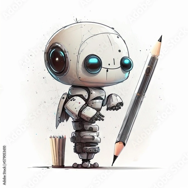 Fototapeta The cute AI robot and a pen portrait on white background Generative AI