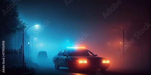 Fototapeta Police cars at night. Police car with red and blue lights in the fog. During the night the police raided and you are under arrest. Cinematic illustration of a night detention. Generative AI