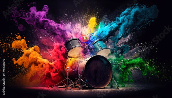 Obraz Drums with rainbow paint energetic explosion, Generative AI.	
